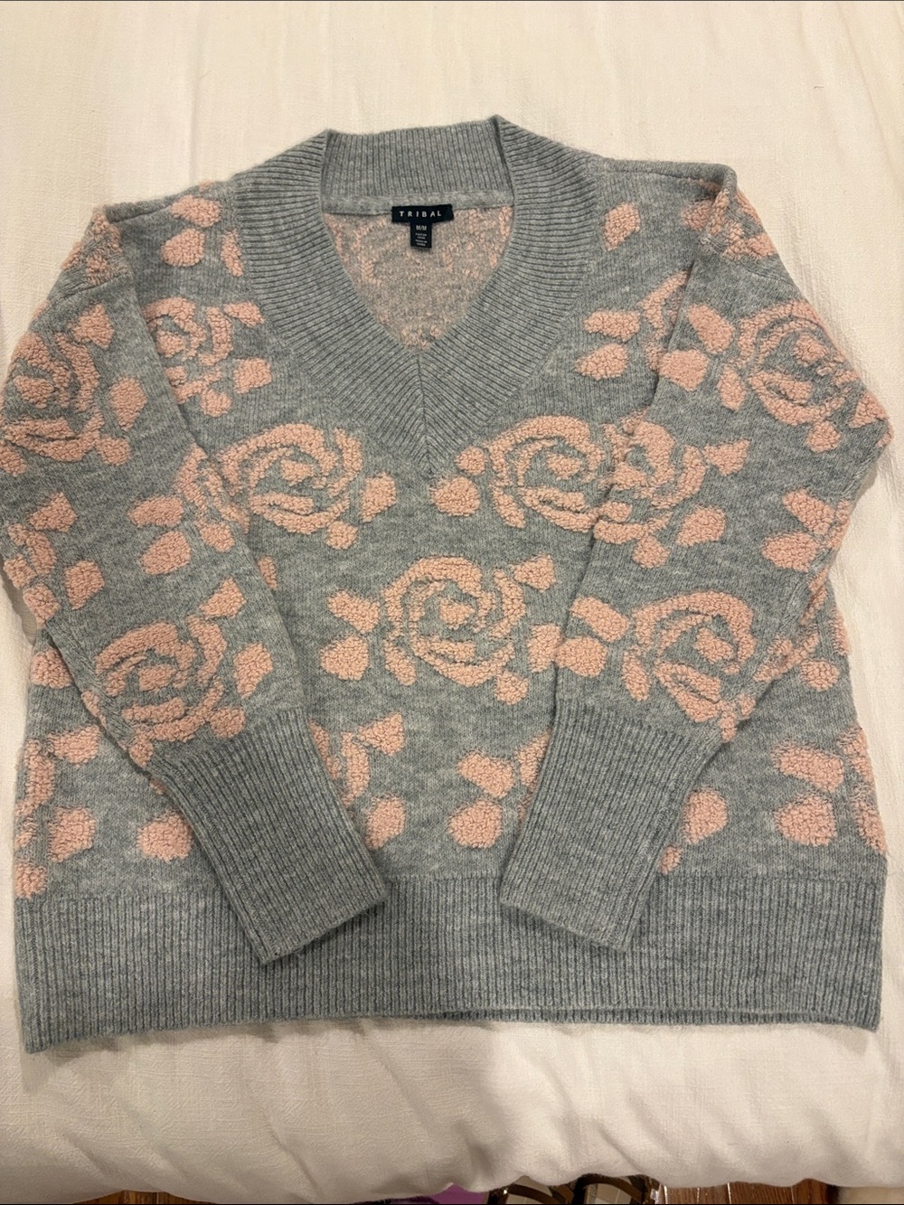 Tribal Gray V-Neck Sweater with Blush Colored Boucle Rose Pattern